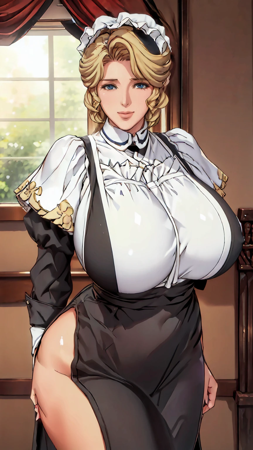 Maria_VM, VIctorian_Maid_Uniform,(masterpiece:1.2, best quality), realistic, (real picture, intricate details, depth of field), (1girl, solo),(mature female), 40 year old woman, make up, smiling , red lips, parted lips, highly-detailed, gorgeous perfect face, (), sagging , (), wide , (thick thighs), [big ], average waist, tall, Luscious red lips, thick lips, (Voluminous blonde hair) , beautiful blue eyes, maid uniform, maid cap, maid apron,, earrings, , blushing, (Adult Temptress) Voluptuous, Curvy, indoors, mansion, curtains, window, luxury bed, oda non, hand on own face, head tilt