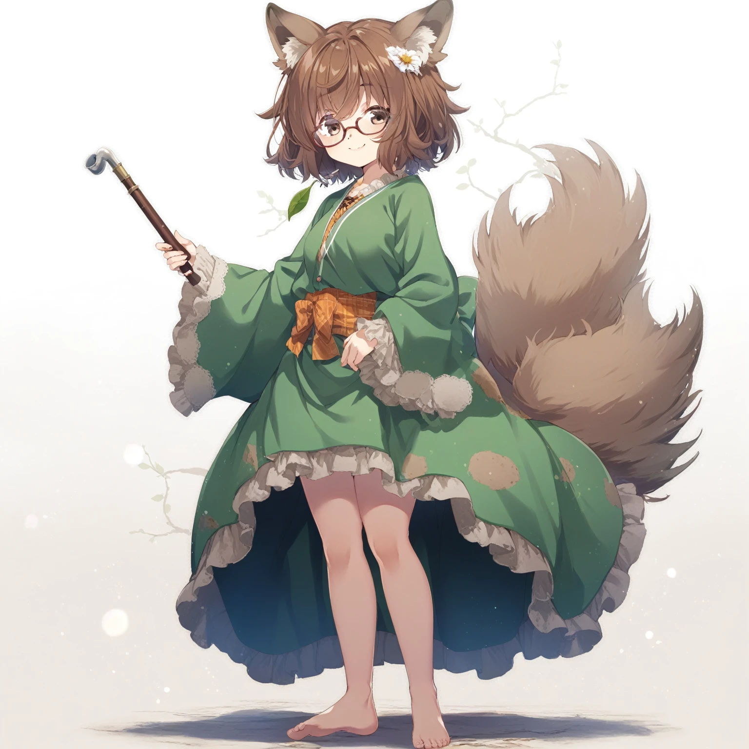 1girl, animal ears, barefoot, branch, breasts, brown eyes, brown hair, feet, futatsuiwa mamizou, glasses, grass, kiseru, leaf, leaf on head, long sleeves, looking at viewer, pince-nez, pipe, plant, raccoon ears, raccoon tail, short hair, sitting, skirt, smile, solo, tail, tree, tree stump, smile,
