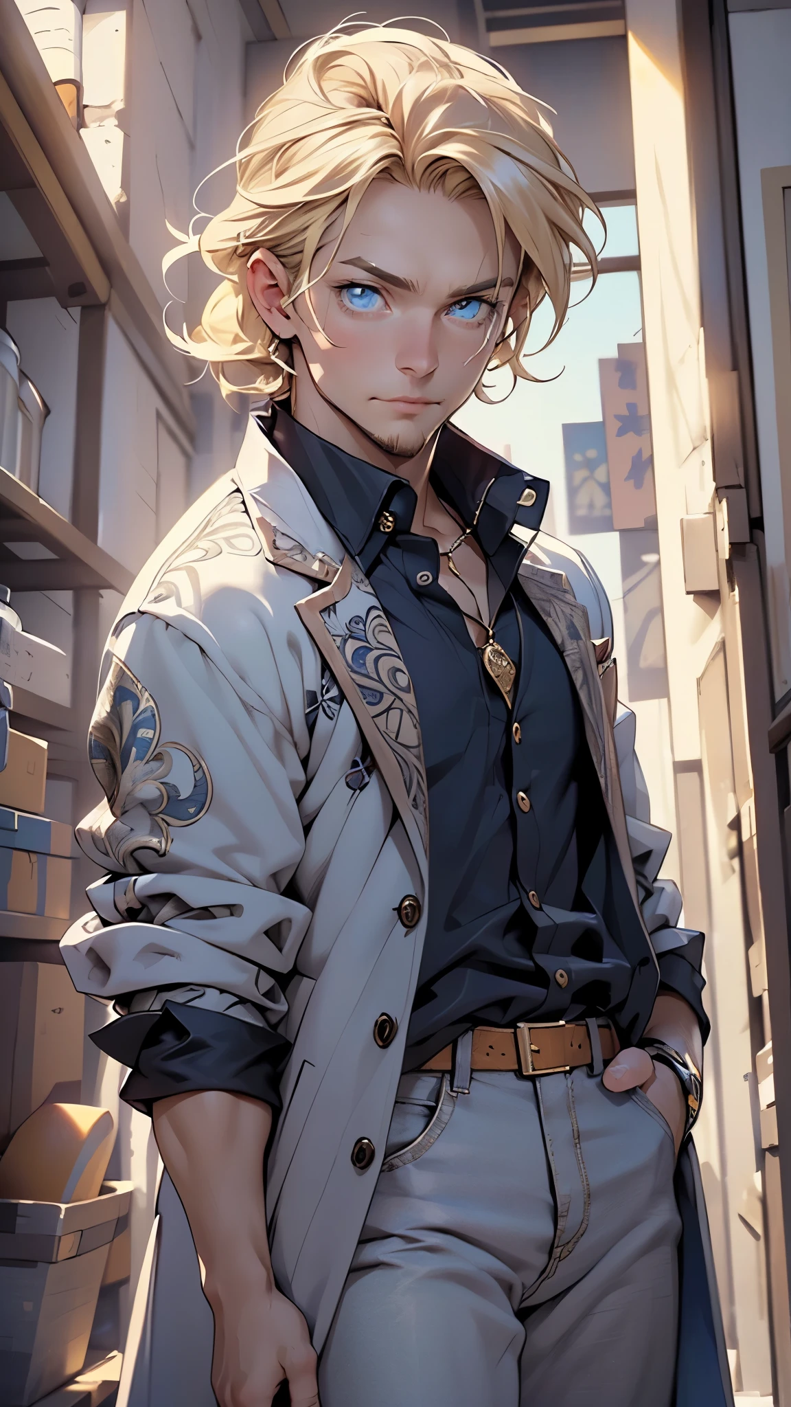 (man:1.5),1 man,male, muscle, 1boy, muscle, pectoral, muscular, Mature man,45 year,1 man,macho man,((blonde hair,nice hair style,short blonde hair)),(((blonde very short beard, blonde very short beard))), (((blue_eyes:1.3))),intricate eyes,beautiful detailed eyes,symmetrical eyes,thicc, ((detailed face)),macho man,
(male caucasian prince),prince,
(((lustrous skin:1.5,tanned skin,bright skin: 1.5,skin tanned,shiny skin,very shiny skin,shiny body))),powerful,heroic,nsfw,
caucasian,elegant,
(open coat, arabian fashion,arabian coat, jeans,white shirt, masculine features, modern style,arabian clothes),(((blue coat, blue coat outfit, wearing a blue coat:1.3,arabian blue coat))),(arabian jewelry,intricate necklace),((bulge in pants)),(((intricate outfit,intricate clothes,ornate outfit))),
(dynamic pose:1.0),embarrassed,(centered,scale to fit dimensions,Rule of thirds),
inside,indoor,((palace in Arabia, palace in Arabia background)),scenery:1.25,((intricate scenery)),
(Glossy winter ornaments),highres,sharp focus,(ultra detailed,extremely detailed),(photorealistic artwork:1.37),(extremely detailed CG unity 8k wallpaper),(((vibrant colors,vibrant theme))),(intricate),(masterpiece),(best quality),artistic photography,(photography taken by sldr),(intricate background),perfect rendered face,perfect face details,realistic face,photo realistic,((intricate detail)),(((realism))),
