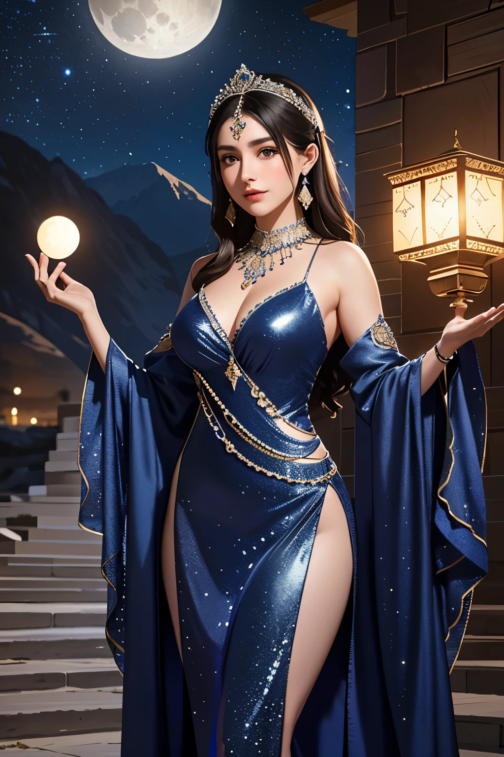 Masterpiece of an Arabic Night:
In the heart of a tranquil desert night, a masterpiece unfolds under the watchful gaze of the moon and the twinkling stars. The scene is a captivating blend of night landscape and Arabic charm. The Arabic girl, exuding an air of elegance and maturity, stands before an enclosure outside an oasis, her figure illuminated by the soft glow of the moonlight.
Dressed in a dark blue dress, the Arabic charm is evident in every stitch. The dress, elegant and shiny, is adorned with silver accessories that sparkle under the starlight, adding a regal touch to her attire.