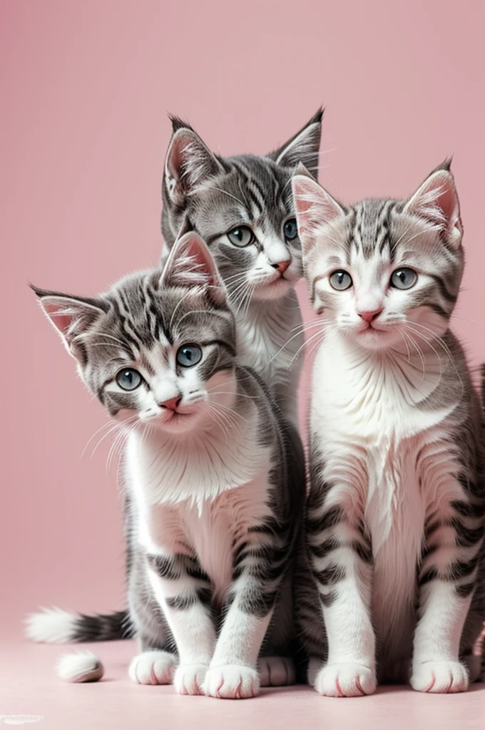 two kittens, one with gray fur and the other white, pink background color with hearts around, the cats are having fun