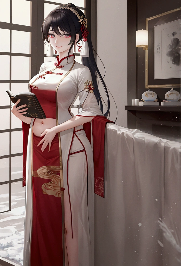 Elegant and intelligent classical Chinese woman, Wear a belly band, Standing at the door with a smile, Her skin is brighter than snow, Her eyes are like pools of clear water. There is a faint book-like atmosphere.