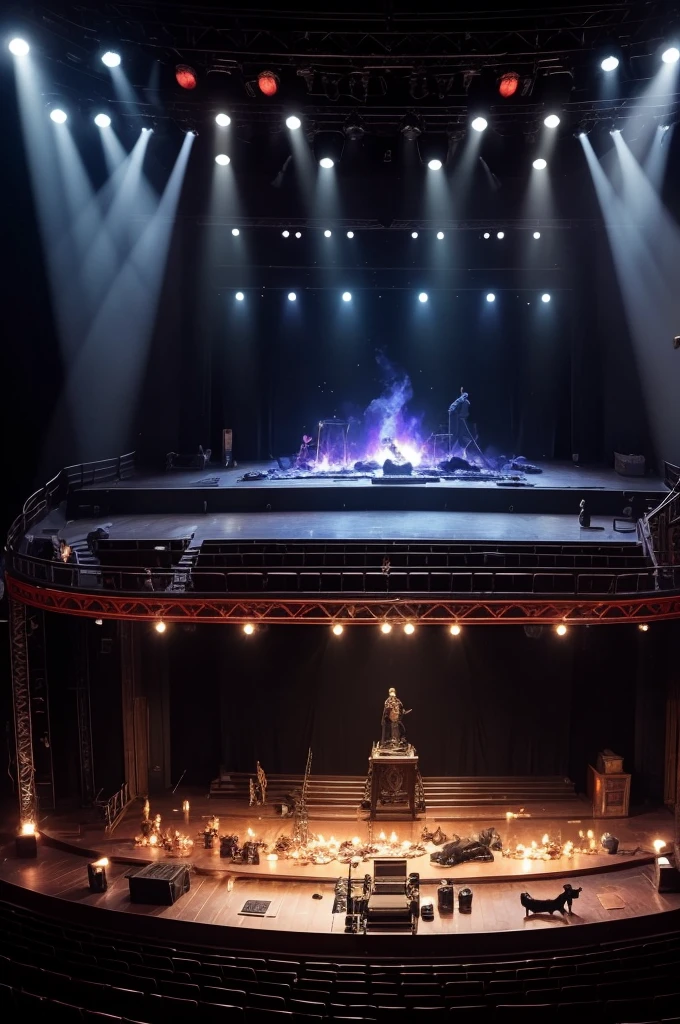 Stage to put on a wolf-themed stage show, several lights, fire, smoke, several dancarios, several instrumentalists and a stage with access to the public