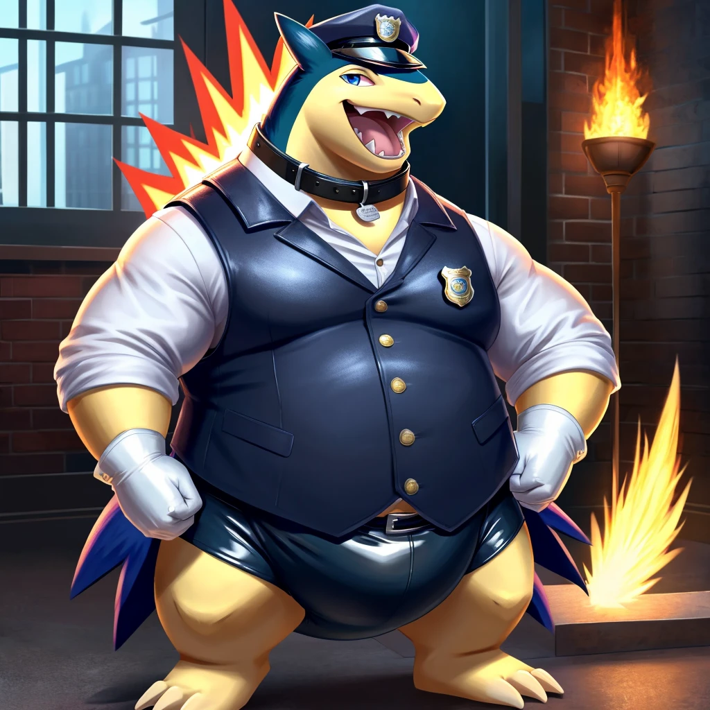 Solo, Male, fat, extremely obese, gentleman, dapper Typhlosion, blue eyes, (soft shading), 4k, hi res, ((detailed face, detailed)), looking at viewer, evil grin, police station, collared shirt with buttons, hat, male focus, Police Uniform, glasses, monocle, vest with buttons, sleeves rolled up, round eyewear, headwear, vest, Typhlosion is wearing a glossy leather dog collar around the neck, Typhlosion is wearing the leather collar and shirt and vest at the same time, Typhlosion is wearing glossy white rubber gloves on the hands, wearing white rubber gloves on the feet, gloves are rubber in texture, mouth wide open, evil laugh, clenching fists, leather collar is glossy and shiny with a lot of detail, Typhlosion is wearing gloves and leather collar at the same time, leather collar has a round dog-tag, leather collar is thick and detailed, white rubber gloves on the feet, Typhlosion is wearing gloves and leather collar at the same time, leather collar has a round dog-tag, leather collar is thick and detailed, leather collar is glossy and shiny, fancy clothing, dapper vest, dapper shirt, leather collar is thick, glossy leather collar, Typhlosion is wearing a dirty diaper