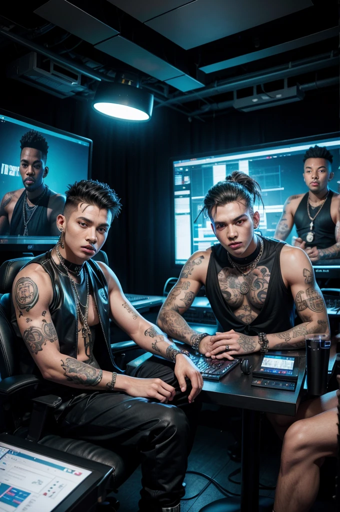 Brightly lit futuristic studio with two guys in tattoo hip hop outfit recording and a producer sitting with 4K image