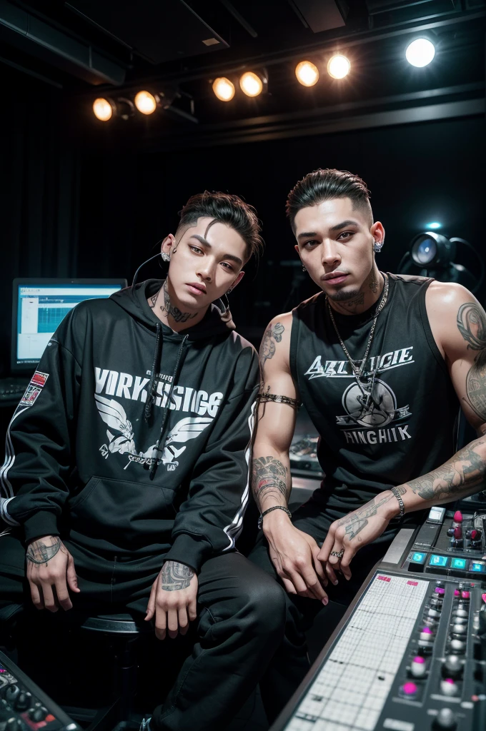 Brightly lit futuristic studio with two guys in tattoo hip hop outfit recording and a producer sitting with 4K image
