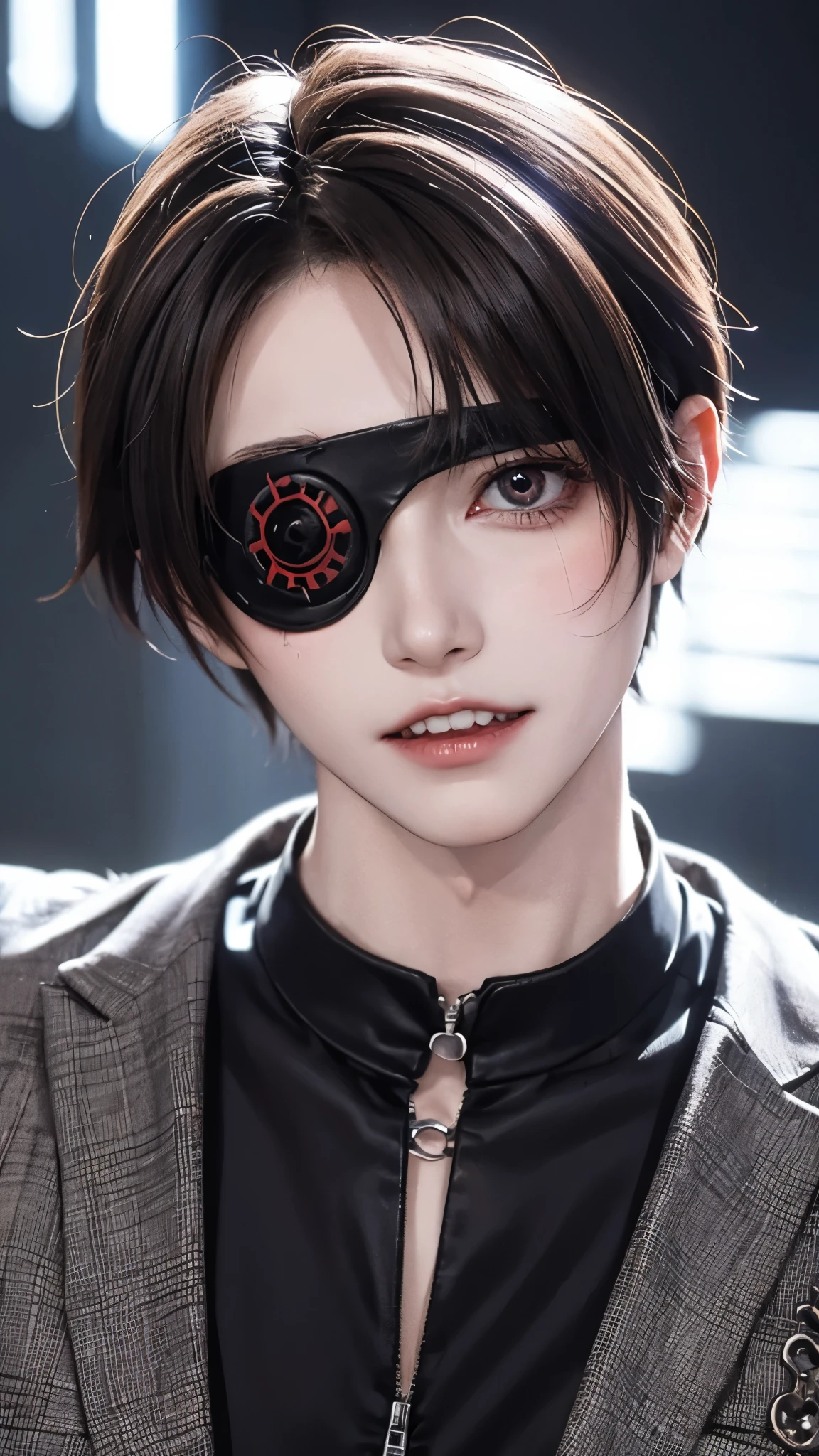 anime hellraiser cenobite male ,view up from floor , sharp teeth , one eye patch , short brown hair