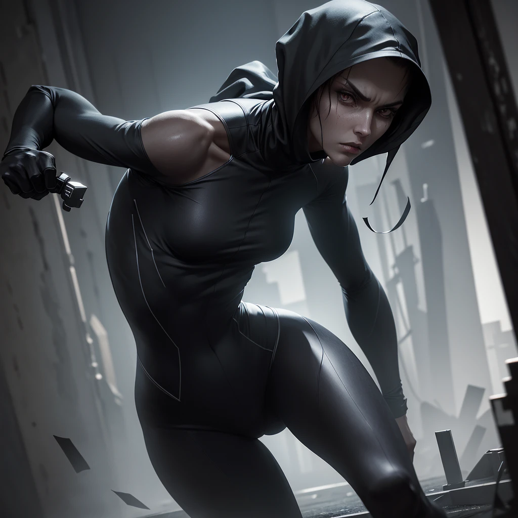 a slender and agile figure, quick and precise movements, dressed in dark, fitted clothes that allow stealth, highly detailed facial features, penetrating gaze, intense expression, dramatic lighting, moody atmosphere, cinematic composition, digital art, photorealistic, 8k, best quality