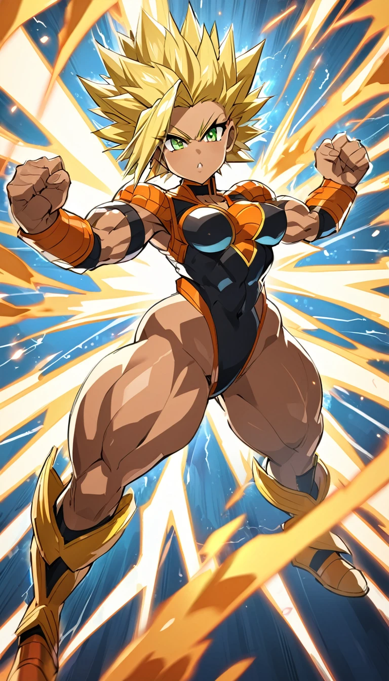 a girl, saiyan, super saiyan, spiky, green eyes, ripped muscles, thin waist, wide hips, saiyan clothes, dragon ball z universe, brown skin color, medium breasts, thick thighs, (she would be raising her ki and if transforming into super saiyan), super saiyan hair, blonde hair, raising ki, lightning around, black clothes (dragon ball z style).
