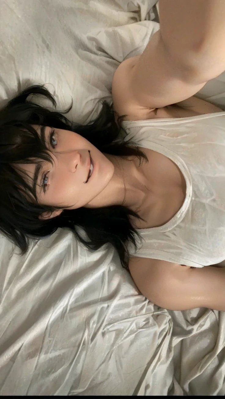 1 man, smiling, holding camera, caramel eyes, black hair, selfie, white sheets, indoor, natural light, high quality, realistic, photorealistic, sharp focus, detailed description, perfect lighting, masterpiece, cinematic, anime