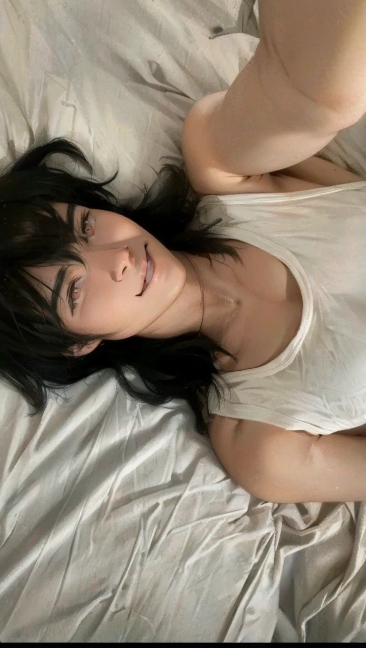 1 man, smiling, holding camera, caramel eyes, black hair, selfie, white sheets, indoor, natural light, high quality, realistic, photorealistic, sharp focus, detailed description, perfect lighting, masterpiece, cinematic, anime 