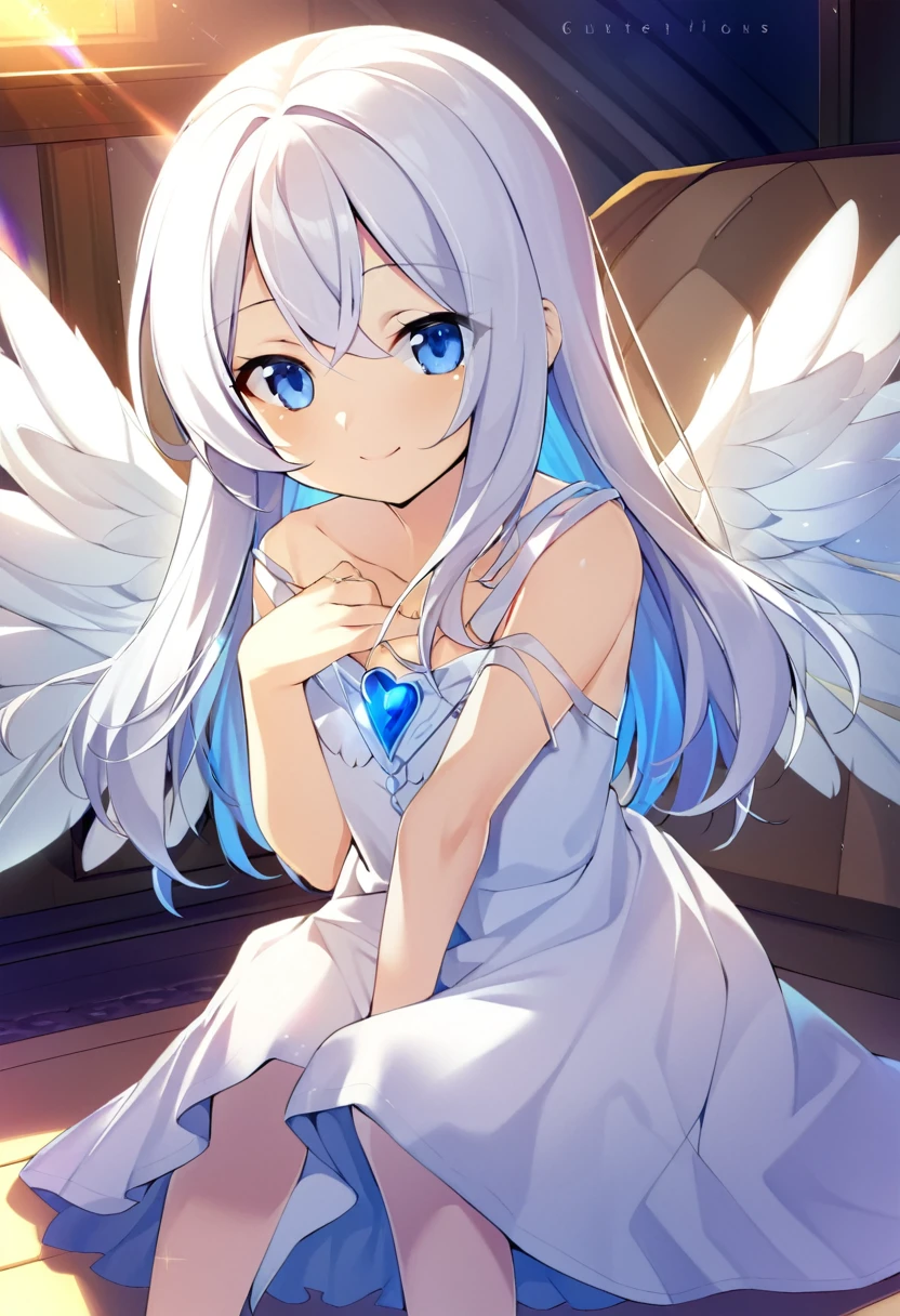 one girl, archangel, angel wing, angel ring, sacred, cute, naive, sitting, 13 years old, beautiful, light blue eyes, white dress, white hair, smile gently at me, girl focus