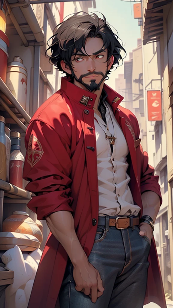 (man:1.5),1 man,male, muscle, 1boy, muscle, pectoral, muscular, Mature man,45 year,1 man,macho man,an extremely detailed face,((black hair,intricate cut hair,black hair,nice hair style)),(((black very short beard, black very short beard))), (((red_eyes:1.3))),intricate eyes,beautiful detailed eyes,symmetrical eyes,thicc, ((detailed face)),macho man,
(male arab prince),prince,
(((lustrous skin:1.5,tanned skin,bright skin: 1.5,skin tanned,shiny skin,very shiny skin,shiny body))),powerful,heroic,nsfw,
(open coat, arabian fashion,arabian coat, jeans,white shirt, masculine features, modern style,arabian clothes),(((dark red coat, dark red coat outfit, wearing a dark red coat:1.3,arabian dark bred coat))),(arabian jewelry,intricate necklace),((bulge in pants)),(((intricate outfit,intricate clothes,ornate outfit))),
(dynamic pose:1.0),looking at viewer,smug,(masculine attitude),(centered,scale to fit dimensions,Rule of thirds),
inside,indoor,((palace in Arabia, palace in Arabia background)),scenery:1.25,((intricate scenery)),
(Glossy winter ornaments),highres,sharp focus,(ultra detailed,extremely detailed),(photorealistic artwork:1.37),(extremely detailed CG unity 8k wallpaper),(((vibrant colors,vibrant theme))),(intricate),(masterpiece),(best quality),artistic photography,(photography taken by sldr),(intricate background),perfect rendered face,perfect face details,realistic face,photo realistic,((intricate detail)),(((realism))),