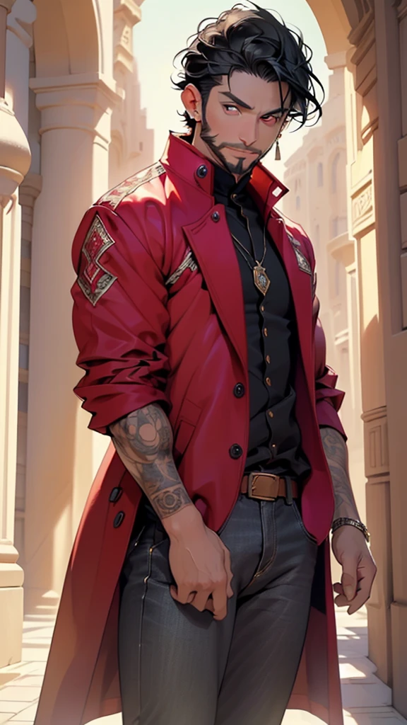 (man:1.5),1 man,male, muscle, 1boy, muscle, pectoral, muscular, Mature man,45 year,1 man,macho man,an extremely detailed face,((black hair,intricate cut hair,black hair,nice hair style)),(((black very short beard, black very short beard))), (((red_eyes:1.3))),intricate eyes,beautiful detailed eyes,symmetrical eyes,thicc, ((detailed face)),macho man,
(male arab prince),prince,
(((lustrous skin:1.5,tanned skin,bright skin: 1.5,skin tanned,shiny skin,very shiny skin,shiny body))),powerful,heroic,nsfw,
(open coat, arabian fashion,arabian coat, jeans,white shirt, masculine features, modern style,arabian clothes),(((dark red coat, dark red coat outfit, wearing a dark red coat:1.3,arabian dark bred coat))),(arabian jewelry,intricate necklace),((bulge in pants)),(((intricate outfit,intricate clothes,ornate outfit))),
(dynamic pose:1.0),looking at viewer,smug,(masculine attitude),(centered,scale to fit dimensions,Rule of thirds),
inside,indoor,((palace in Arabia, palace in Arabia background)),scenery:1.25,((intricate scenery)),
(Glossy winter ornaments),highres,sharp focus,(ultra detailed,extremely detailed),(photorealistic artwork:1.37),(extremely detailed CG unity 8k wallpaper),(((vibrant colors,vibrant theme))),(intricate),(masterpiece),(best quality),artistic photography,(photography taken by sldr),(intricate background),perfect rendered face,perfect face details,realistic face,photo realistic,((intricate detail)),(((realism))),