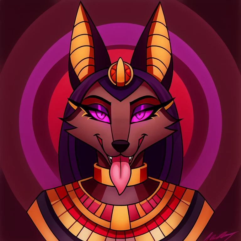 (masterpiece, best quality:1.2), Vortex female anubian jackal hellhound, wolf, furry, helluva boss, hypnotized with glowing purple eyes, tongue out, egyptian Pharaoh clothes