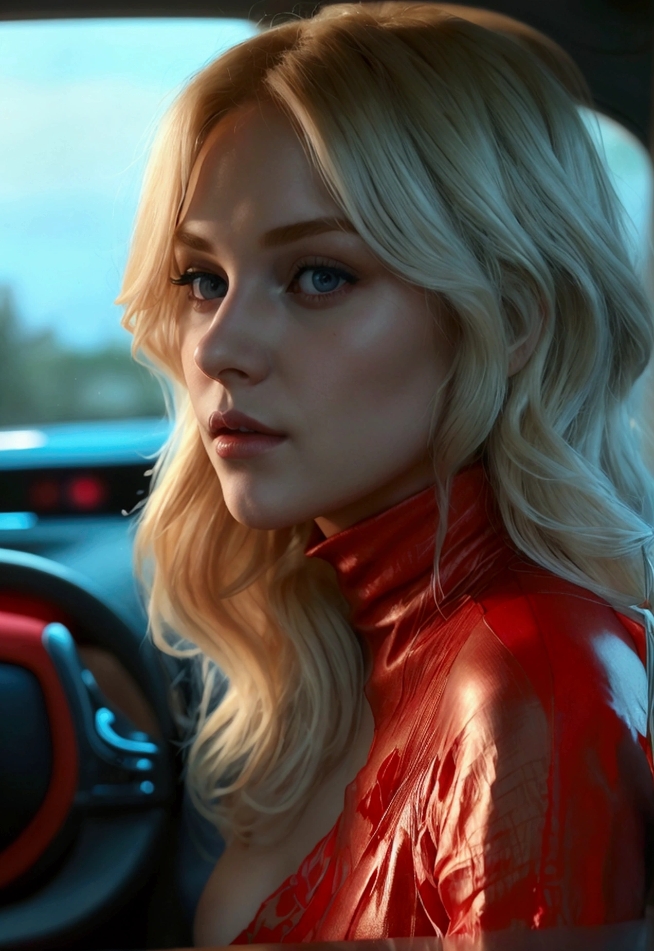 une fille sexy blonde avec de longs cheveux, de gros seins naturelles, habillée d'une robe rouge et d'un pull rose, conduit une peugeot 308 II bleu des années 2020, ultra high res.photorealistic:.1.4,UHD