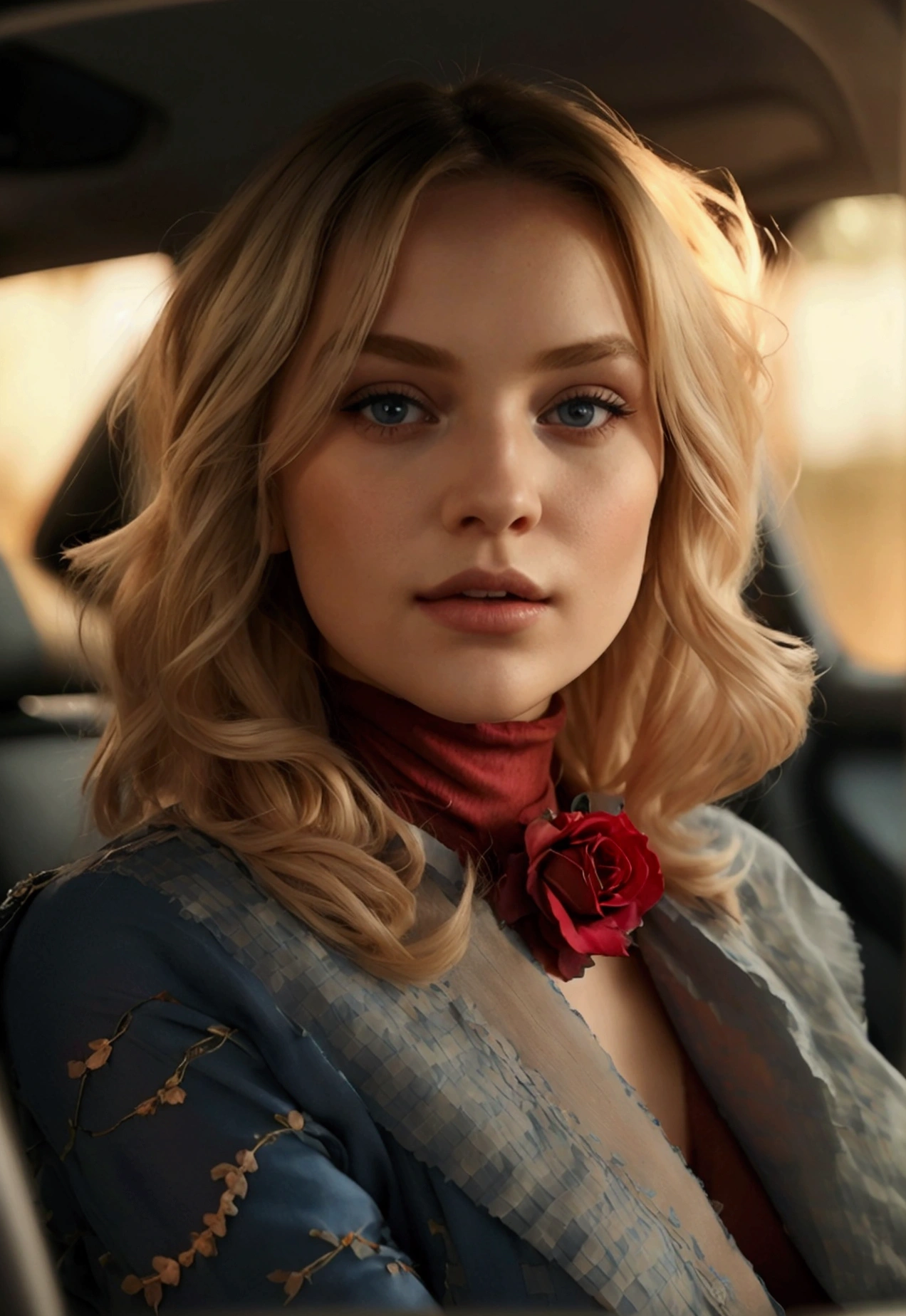 une fille sexy blonde avec de longs cheveux, de gros seins naturelles, habillée d'une robe rouge et d'un pull rose, conduit une peugeot 308 II bleu des années 2020, ultra high res.photorealistic:.1.4,UHD