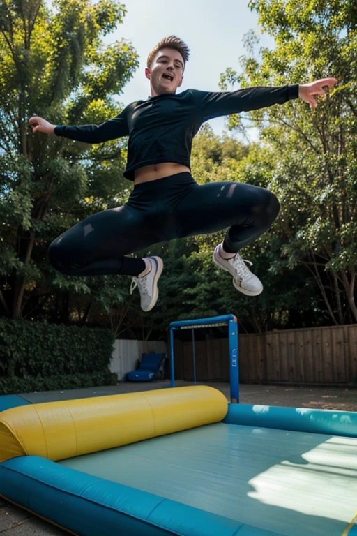 16 year old boy in leggings jumping on a bouncy animal