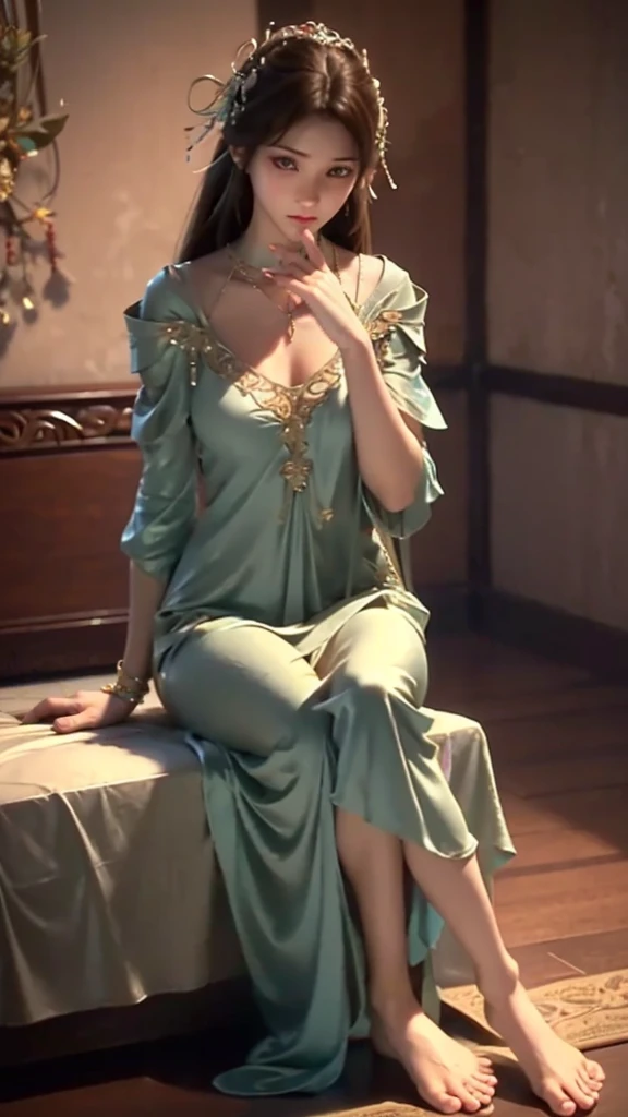 A beautiful young woman，Long hair，Wearing pajamas，Sitting on the bed，barefoot，Wearing a dress，Side-lying，Cross-legged，Full body shot，(Best picture quality，4K,8K，high-definition，excellent work:1.2)，Ultra Detail，(Realistic，Realistic，Realistic:1.37)，Delicate eyes，Delicate lips，Extremely detailed face and eyes，Long eyelashes，Natural light，Warm colors，Soft Focus，，portrait，Chiaroscuro，Deep scene，Cyan eyes，Jade Hands，Clear fingers
