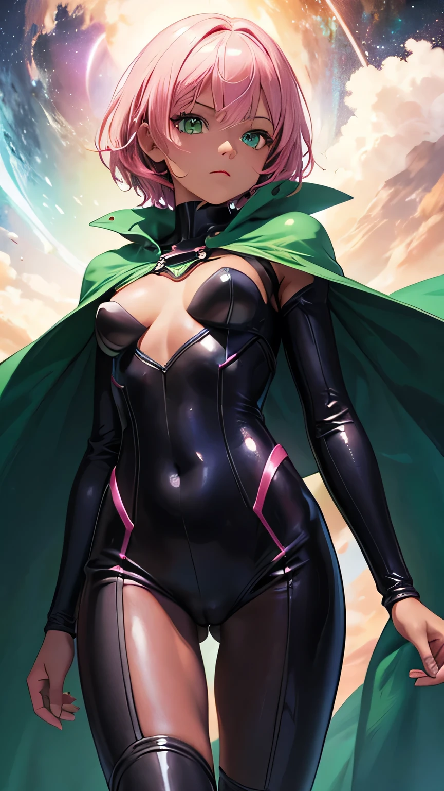 highest quality、Realistic、girl、zoom、Emerald green eyes、Pink Short Hair、Hero Suit、Glossy bodysuit、Cape、Brown black skin、slender、Dark Skin、Small breasts、Bust Shot、From below、universe space