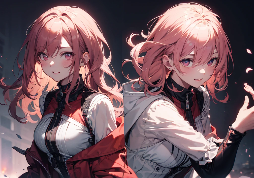 Realistic photos, Focus distance 10mm, Red and white, A big smile, Beautiful girl, Realistic photos, Focus distance 10mmで撮影, masterpiece, 最high quality, high quality, Very detailed CG 8k wallpaper unit, Award-winning photography,  Depth of written boundary, High resolution, bloom, chromatic aberration, Realistic, Very detailed, Art Station Trends, CGsociety Trends, Complex, High detail, dramatic, Art on the go, volumetric lighting, A beautiful young man who is the personification of Strawberry Shortcake。Pink hair and strawberry-topped clothes