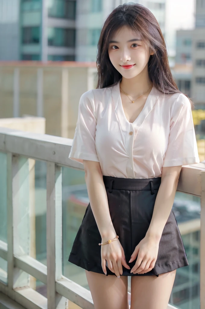 Rooftop of university building, 4th year university student, ((full body)), ((photo)), ((best qualtiy, 8K, tmasterpiece:1.3)), Focus:1.2, perfect figure beautiful girl:1.4, 1girl, cowboy shot, look at viewer, eyes facing the camera, incredibly absurd, beautiful and cute girl with a photorealistic face, showcasing top-quality craftsmanship, A Japanese girl watching the sunset on the roof of a university building, 19 years old, long, straight, silky black hair, fair skin, big eyes, thin eyebrows, double eyelids, long eyelashes, pink lips, smile, devilish smile, gorgeous features, well-defined facial features, beautiful face line, mysterious beauty, slender, tall, well-balanced proportions, large E-cup breasts, white shirt, tight black skirt, beige pumps, gold necklace and bracelet, small earrings, elegant ring, pretty girl, beauty, devilish type, pretty older sister, passionate about art, sociable, friendly, positive, has leadership skills, is proactive, is flexible, gets things done efficiently, works hard towards dreams and goals, March
