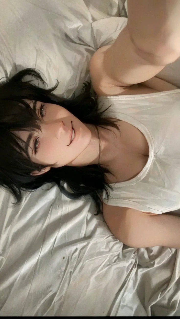 1 man, smiling, holding camera, caramel eyes, black hair, selfie, white sheets, indoor, natural light, high quality, realistic, photorealistic, sharp focus, detailed description, perfect lighting, masterpiece, cinematic, anime