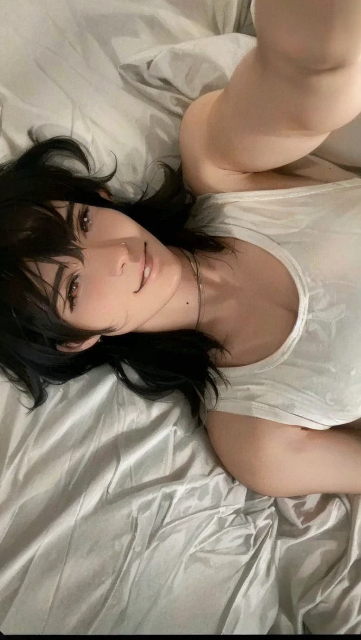 1 man, smiling, holding camera, caramel eyes, black hair, selfie, white sheets, indoor, natural light, high quality, realistic, photorealistic, sharp focus, detailed description, perfect lighting, masterpiece, cinematic, anime 