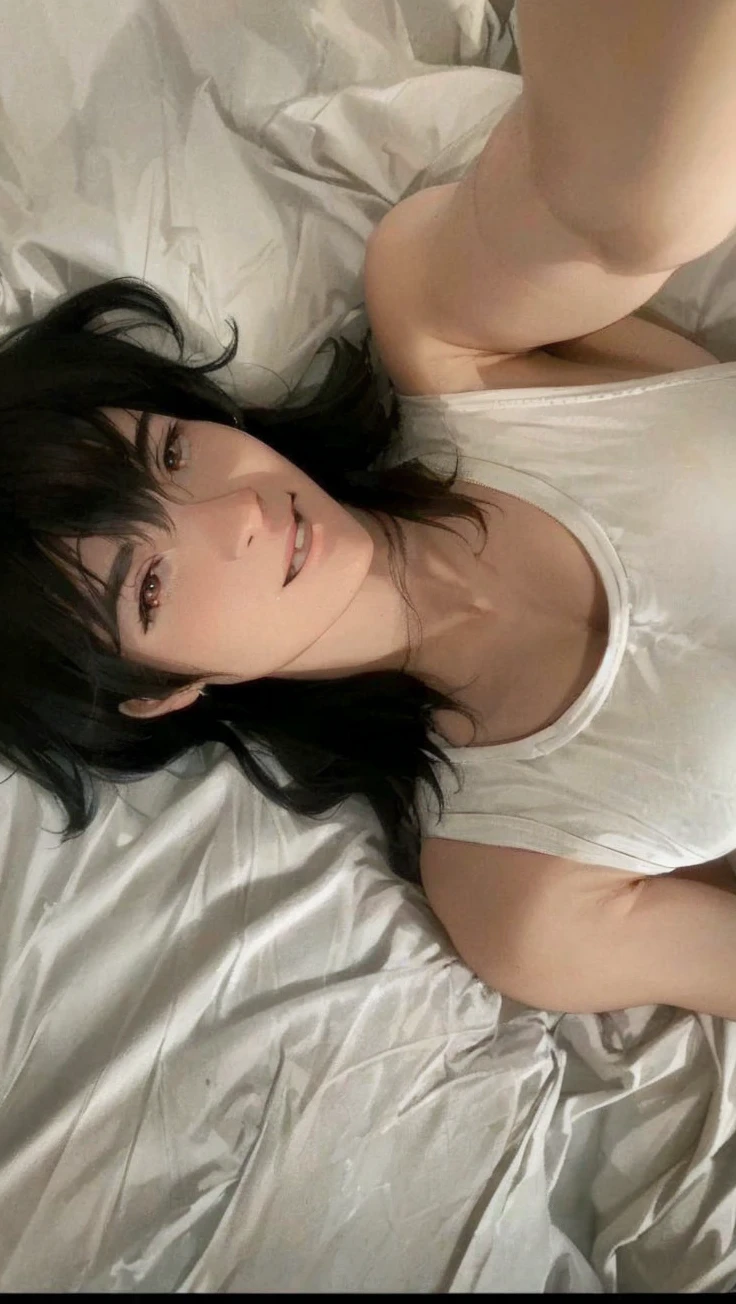 1 man, smiling, holding camera, caramel eyes, black hair, selfie, white sheets, indoor, natural light, high quality, realistic, photorealistic, sharp focus, detailed description, perfect lighting, masterpiece, cinematic, anime