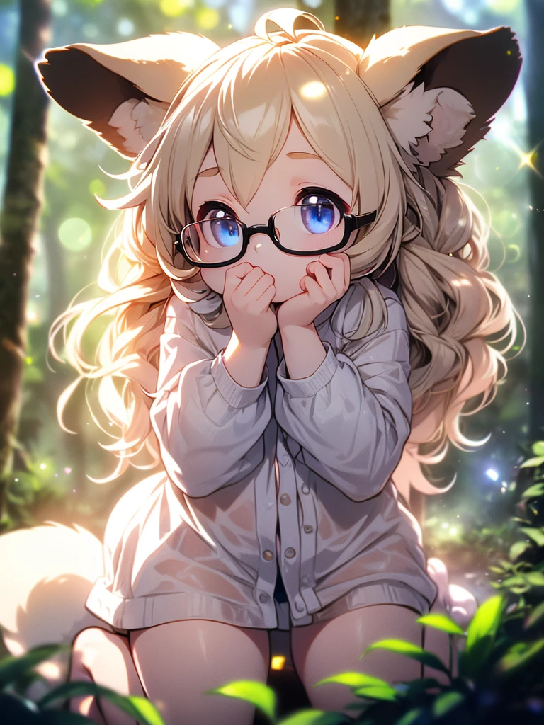 (Sumilux f1.4 75mm , low Latitude old color negative film , cross process , bokeh, flare, chromatic aberration , soft focus, (Shallow focus) , soft glow , Maximum aperture, High Key , Transparent depiction) , realistic female raccoon dog , butter face , two apart melons , Thick-rimmed glasses , in the foggy forest , clothed erotica , Kneeling and looking up to the sky , looking away , hands up , Lacey underwear