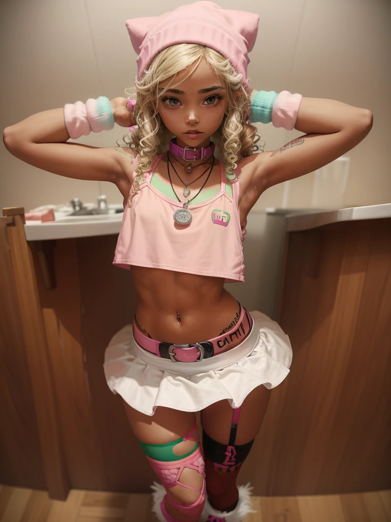 ((1Girl)) ((Mexican girl)) ((Rave clothes))
She has brown skin, with soft brown eyes, her hair is blonde, it is long and curly, she wears a pink beanie, her style is that of a rave girl, she wears a pink and white crop top, with a pink mini skirt, she wears pink furry rave boots, with pink ripped stockings as her socks, she has a collar on her neck, and a necklace that says babygirl, she has her tongue split and pierced on both sides, as well as having her dimples pierced, she has a tattoo on her neck that says grab here.