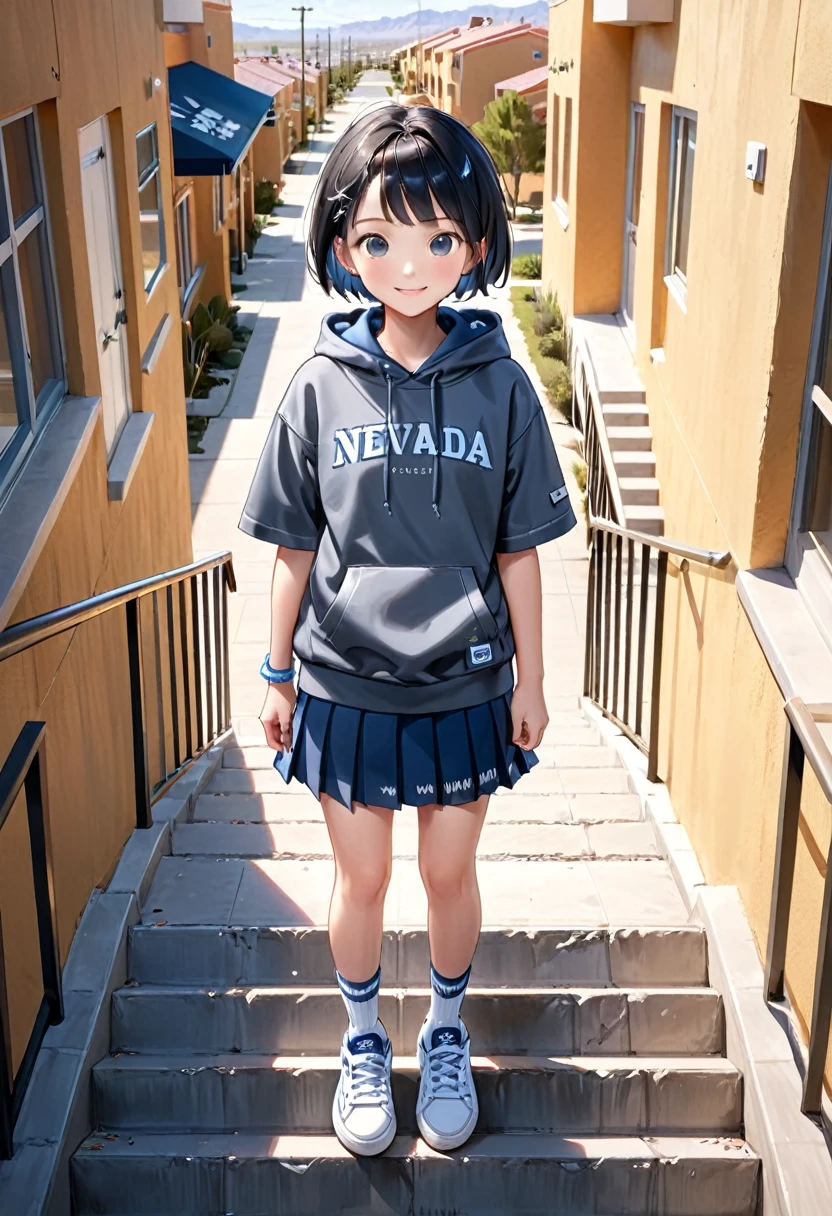 (8K, best quality, master piece: 1.2),Ultra High Resolution,11 year old cute girl,ultra-detailed face, detailed eyes,Tsurime Eyes,(smirk),dark gray short sleeve Hip Length hoodie(dark gray:1.4), (Written on hoodie text:"NEVADA":1.5),navy pleated skirt,white socks,sneakers,full body,black hair,short hair,rim light,(standing straight on the stairs of the apartment complex)