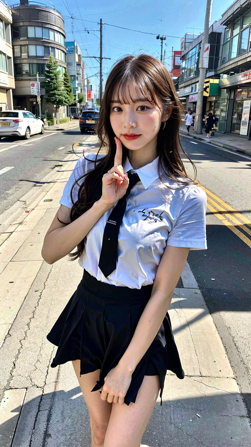 In 8K,Highest quality,The real picture,Intricate details,Ultra-high resolution,Depth Field,Masseter muscle area,Natural soft light,Professional Lighting,One Girl,(cute:1.2),Very beautiful 17 year old girl,Detailed eyes,((Brown eyes)),(Brown Hair),(Short-haired),(Skin of the lawless zone of bangs,Glowing Skin,White skin,Fine skin,Big ample breasts,((Perfect Anatomy,Nice hands,Perfect hands,Five fingers connected to the palm,Accurate needles without discomfort)),Perfect bare legs,Delicate legs,Perfect Proportions,Sexy,I can see your chest,((Japan Uniform)),((Uniform Mini Skirt)),(tie),Black socks,Chano Leather Shoes,Lurking deep in the city,I can see your crotch,Show me your panties in the street,Both legs are bent,Legs are spread in an M shape,,I can see your pants,Slender thighs when viewed from the front