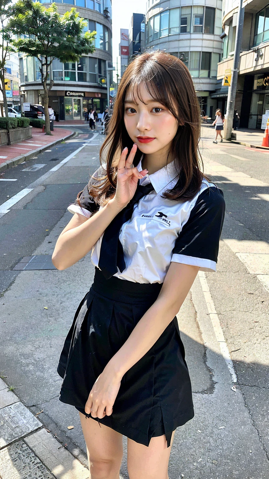 In 8K,Highest quality,The real picture,Intricate details,Ultra-high resolution,Depth Field,Masseter muscle area,Natural soft light,Professional Lighting,One Girl,(cute:1.2),Very beautiful 17 year old girl,Detailed eyes,((Brown eyes)),(Brown Hair),(Short-haired),(Skin of the lawless zone of bangs,Glowing Skin,White skin,Fine skin,Big ample breasts,((Perfect Anatomy,Nice hands,Perfect hands,Five fingers connected to the palm,Accurate needles without discomfort)),Perfect bare legs,Delicate legs,Perfect Proportions,Sexy,I can see your chest,((Japan Uniform)),((Uniform Mini Skirt)),(tie),Black socks,Chano Leather Shoes,Lurking deep in the city,I can see your crotch,Show me your panties in the street,Both legs are bent,Legs are spread in an M shape,,I can see your pants,Slender thighs when viewed from the front