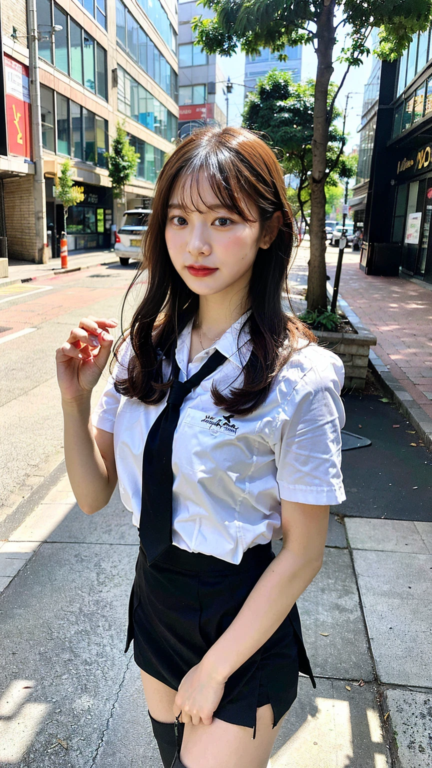 In 8K,Highest quality,The real picture,Intricate details,Ultra-high resolution,Depth Field,Masseter muscle area,Natural soft light,Professional Lighting,One Girl,(cute:1.2),Very beautiful 17 year old girl,Detailed eyes,((Brown eyes)),(Brown Hair),(Short-haired),(Skin of the lawless zone of bangs,Glowing Skin,White skin,Fine skin,Big ample breasts,((Perfect Anatomy,Nice hands,Perfect hands,Five fingers connected to the palm,Accurate needles without discomfort)),Perfect bare legs,Delicate legs,Perfect Proportions,Sexy,I can see your chest,((Japan Uniform)),((Uniform Mini Skirt)),(tie),Black socks,Chano Leather Shoes,Lurking deep in the city,I can see your crotch,Show me your panties in the street,Both legs are bent,Legs are spread in an M shape,,I can see your pants,Slender thighs when viewed from the front