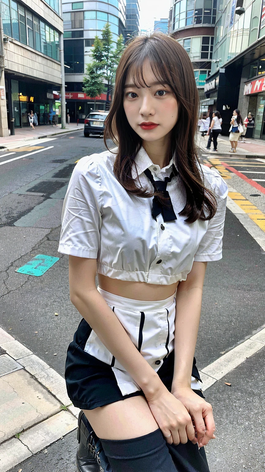 In 8K,Highest quality,The real picture,Intricate details,Ultra-high resolution,Depth Field,Masseter muscle area,Natural soft light,Professional Lighting,One Girl,(cute:1.2),Very beautiful 17 year old girl,Detailed eyes,((Brown eyes)),(Brown Hair),(Short-haired),(Skin of the lawless zone of bangs,Glowing Skin,White skin,Fine skin,Big ample breasts,((Perfect Anatomy,Nice hands,Perfect hands,Five fingers connected to the palm,Accurate needles without discomfort)),Perfect bare legs,Delicate legs,Perfect Proportions,Sexy,I can see your chest,((Japan Uniform)),((Uniform Mini Skirt)),(tie),Black socks,Chano Leather Shoes,Lurking deep in the city,I can see your crotch,Show me your panties in the street,Both legs are bent,Legs are spread in an M shape,,I can see your pants,Slender thighs when viewed from the front