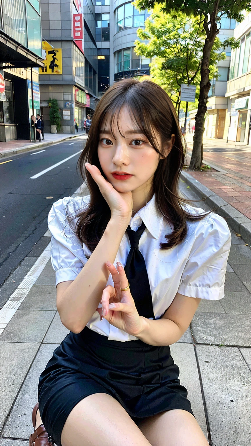 In 8K,Highest quality,The real picture,Intricate details,Ultra-high resolution,Depth Field,Masseter muscle area,Natural soft light,Professional Lighting,One Girl,(cute:1.2),Very beautiful 17 year old girl,Detailed eyes,((Brown eyes)),(Brown Hair),(Short-haired),(Skin of the lawless zone of bangs,Glowing Skin,White skin,Fine skin,Big ample breasts,((Perfect Anatomy,Nice hands,Perfect hands,Five fingers connected to the palm,Accurate needles without discomfort)),Perfect bare legs,Delicate legs,Perfect Proportions,Sexy,I can see your chest,((Japan Uniform)),((Uniform Mini Skirt)),(tie),Black socks,Chano Leather Shoes,Lurking deep in the city,I can see your crotch,Show me your panties in the street,Both legs are bent,Legs are spread in an M shape,,I can see your pants,Slender thighs when viewed from the front