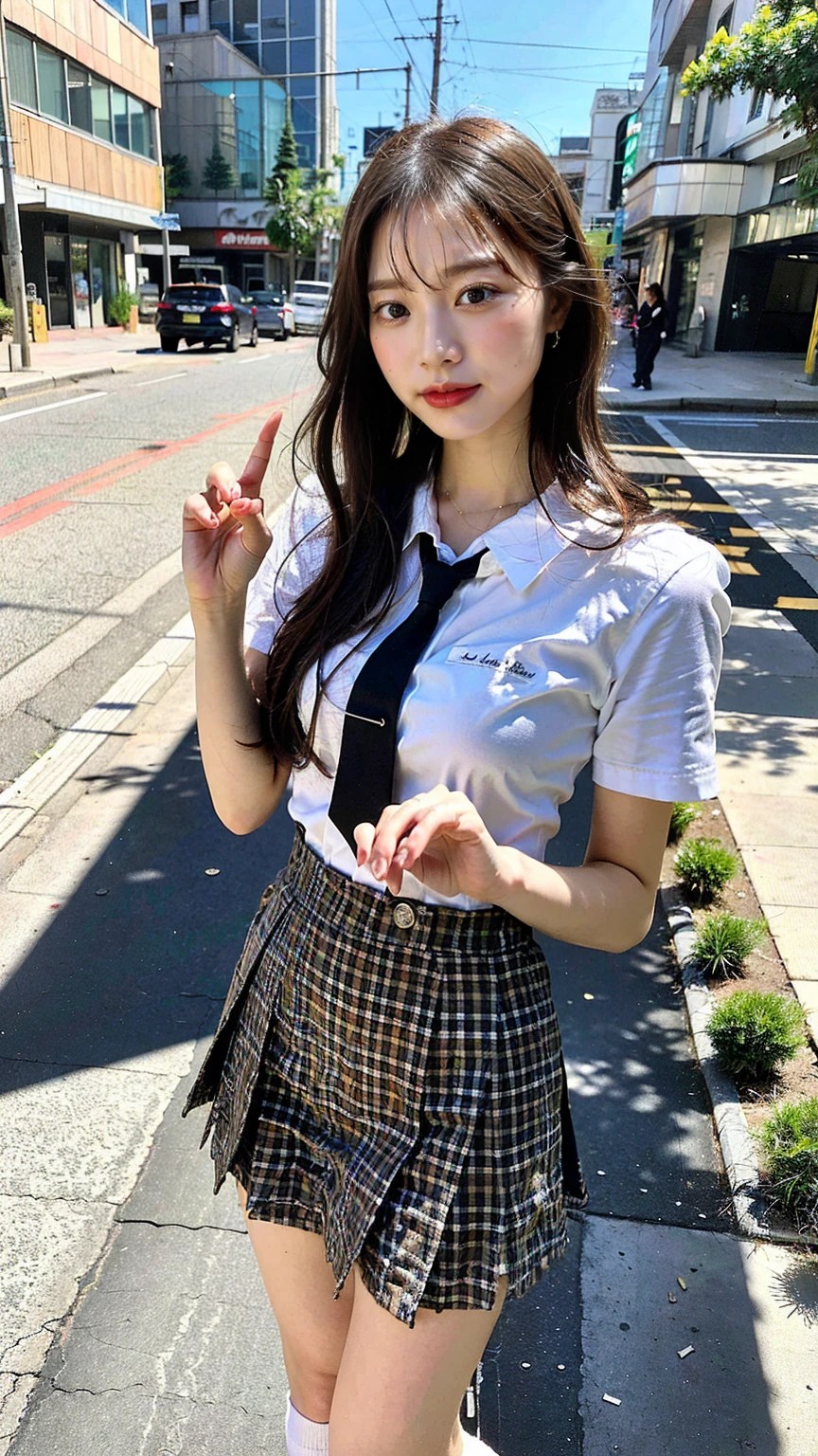 In 8K,Highest quality,The real picture,Intricate details,Ultra-high resolution,Depth Field,Masseter muscle area,Natural soft light,Professional Lighting,One Girl,(cute:1.2),Very beautiful 17 year old girl,Detailed eyes,((Brown eyes)),(Brown Hair),(Short-haired),(Skin of the lawless zone of bangs,Glowing Skin,White skin,Fine skin,Big ample breasts,((Perfect Anatomy,Nice hands,Perfect hands,Five fingers connected to the palm,Accurate needles without discomfort)),Perfect bare legs,Delicate legs,Perfect Proportions,Sexy,I can see your chest,((Japan Uniform)),((Uniform Mini Skirt)),(tie),Black socks,Chano Leather Shoes,Lurking deep in the city,I can see your crotch,Show me your panties in the street,Both legs are bent,Legs are spread in an M shape,,I can see your pants,Slender thighs when viewed from the front