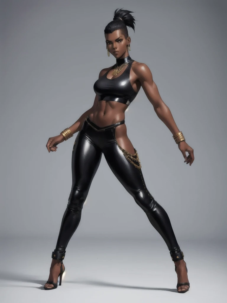 ((best quality)), ((4k)), ((highres)), ((masterpiece:1.2)). ((detailed)), ((ultra realistic)), ((intricate details)), ((full body picture)), ((solo character)), a full body picture of a beautifull Ebony skinned female, black woman, dark skin, perfect face, detailed eyes, detailed lips, about 25 years old, about 5'6 ft. tall, punk black woman, punk style, punk styled hair, side shaved hair ((emphasis on her side shaved hair)), muscular body, hourglass body type, dressed in a gold tank top and black leather pants, high heels, fighting game character concept art, tekken character design, the king of fighters character concept, full bofy, full body concept art, full body art