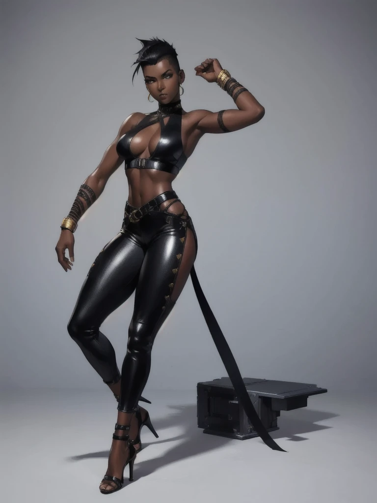 ((best quality)), ((4k)), ((highres)), ((masterpiece:1.2)). ((detailed)), ((ultra realistic)), ((intricate details)), ((full body picture)), ((solo character)), a full body picture of a beautifull Ebony skinned female, black woman, dark skin, perfect face, detailed eyes, detailed lips, about 25 years old, about 5'6 ft. tall, punk black woman, punk style, punk styled hair, side shaved hair ((emphasis on her side shaved hair)), muscular body, hourglass body type, dressed in a gold tank top and black leather pants, high heels, fighting game character concept art, tekken character design, the king of fighters character concept, full bofy, full body concept art, full body art