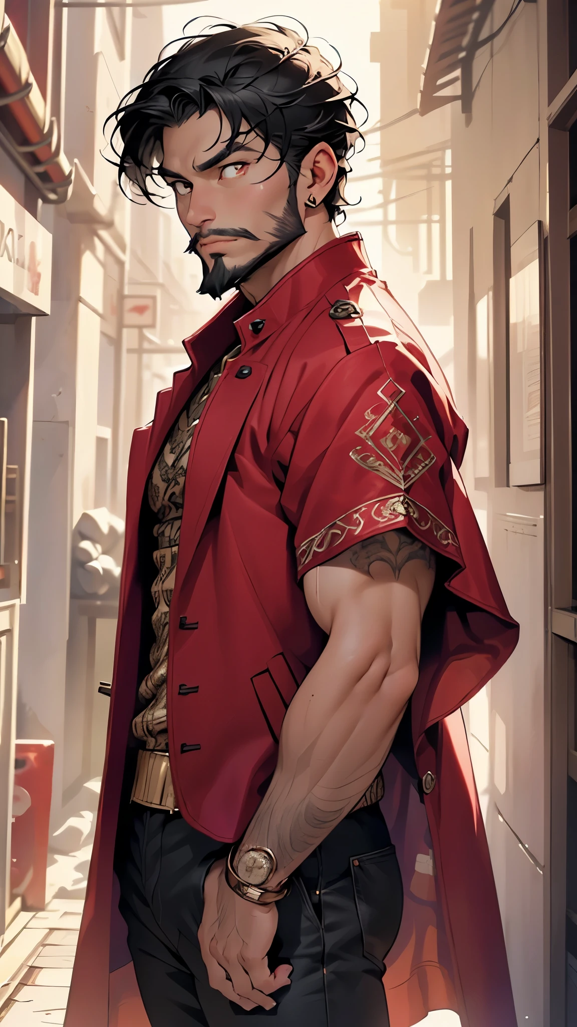 (man:1.5),1 man,male, muscle, 1boy, muscle, pectoral, muscular, Mature man,45 year,1 man,macho man,an extremely detailed face,((black hair,intricate cut hair,black hair,nice hair style)),(((black very short beard, black very short beard))), (((red_eyes:1.3))),intricate eyes,beautiful detailed eyes,symmetrical eyes,thicc, ((detailed face)),macho man,
(male arab prince),prince,
(((lustrous skin:1.5,tanned skin,bright skin: 1.5,skin tanned,shiny skin,very shiny skin,shiny body))),powerful,heroic,nsfw,
(open coat, arabian fashion,arabian coat, jeans,white shirt, masculine features, modern style,arabian clothes),(((dark red coat, dark red coat outfit, wearing a dark red coat:1.3,arabian dark bred coat))),(arabian jewelry,intricate necklace),((bulge in pants)),(((intricate outfit,intricate clothes,ornate outfit))),
(dynamic pose:1.0),looking at viewer,smug,(masculine attitude),(centered,scale to fit dimensions,Rule of thirds),
inside,indoor,((palace in Arabia, palace in Arabia background)),scenery:1.25,((intricate scenery)),
(Glossy winter ornaments),highres,sharp focus,(ultra detailed,extremely detailed),(photorealistic artwork:1.37),(extremely detailed CG unity 8k wallpaper),(((vibrant colors,vibrant theme))),(intricate),(masterpiece),(best quality),artistic photography,(photography taken by sldr),(intricate background),perfect rendered face,perfect face details,realistic face,photo realistic,((intricate detail)),(((realism))),