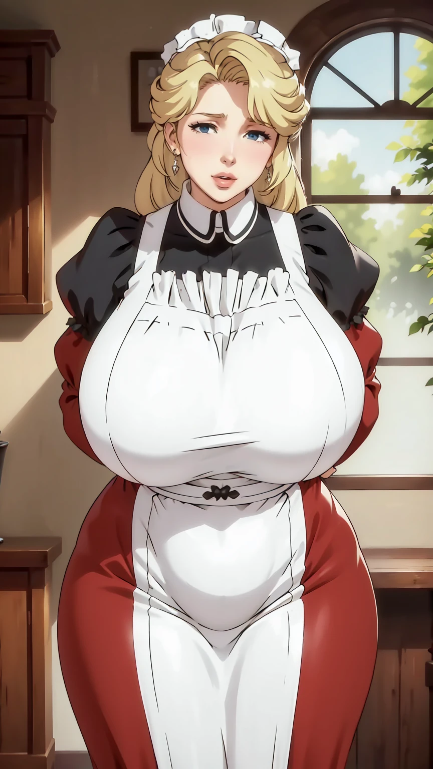 Maria_VM, VIctorian_Maid_Uniform,(masterpiece:1.2, best quality), realistic, (real picture, intricate details, depth of field), (1girl, solo),(mature female), 40 year old woman, make up, smiling , red lips, parted lips, highly-detailed, gorgeous perfect face, huge breasts, sagging breasts, (skindentation), (wide hips), (thick thighs), [big ass], average waist, tall, Luscious red lips, thick lips, (Voluminous blonde hair) , beautiful blue eyes, maid uniform, maid cap, maid apron,, earrings, sexy, blushing, (Adult Temptress) Voluptuous, Curvy, indoors, mansion, curtains, window, luxury bed, oda non, hand on own face, head tilt