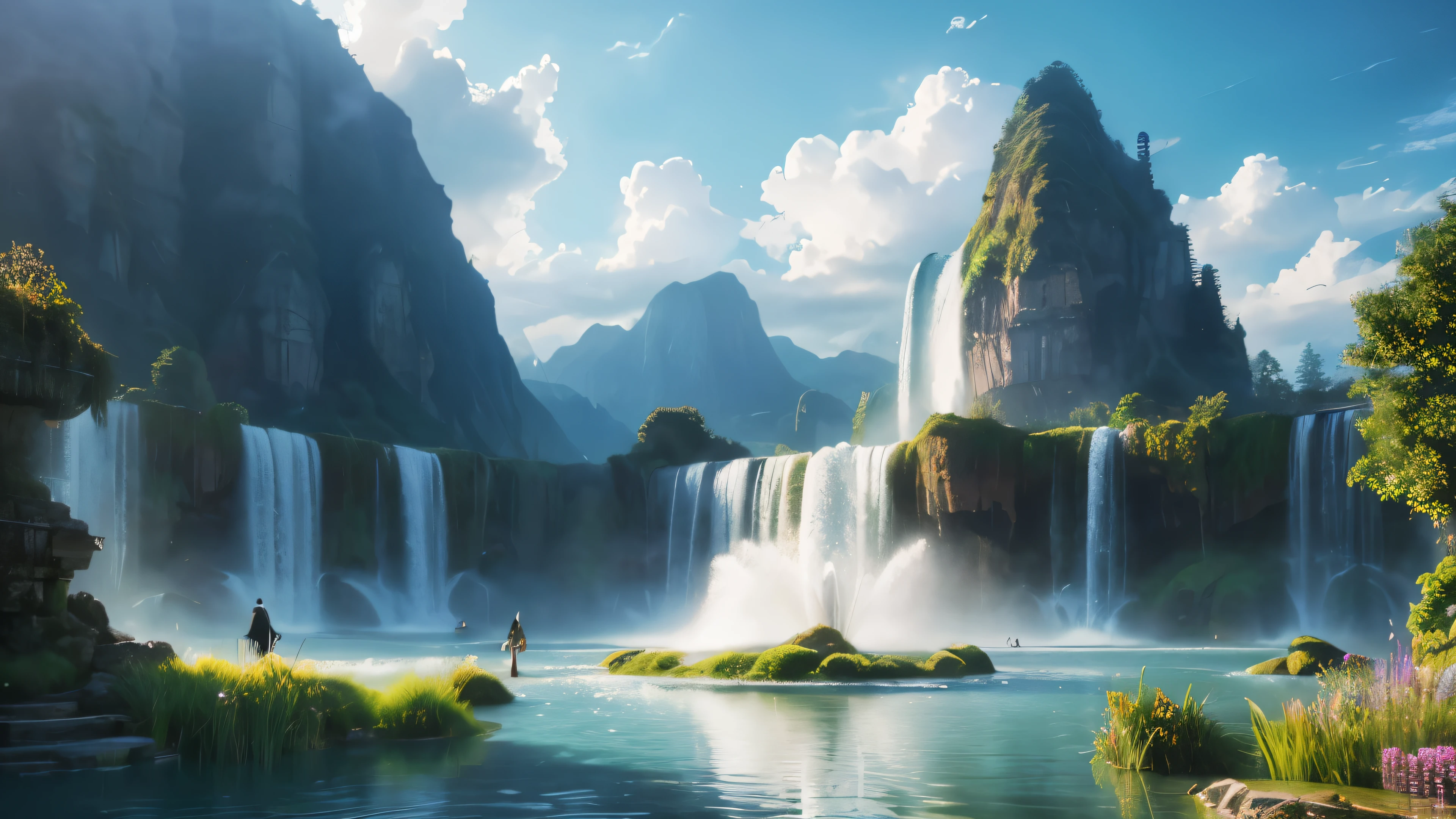 (Realistic, Photorealistic:1.4), Beautiful illustration, fantasy world, Cloud World, Floating Fountain, floating water fall