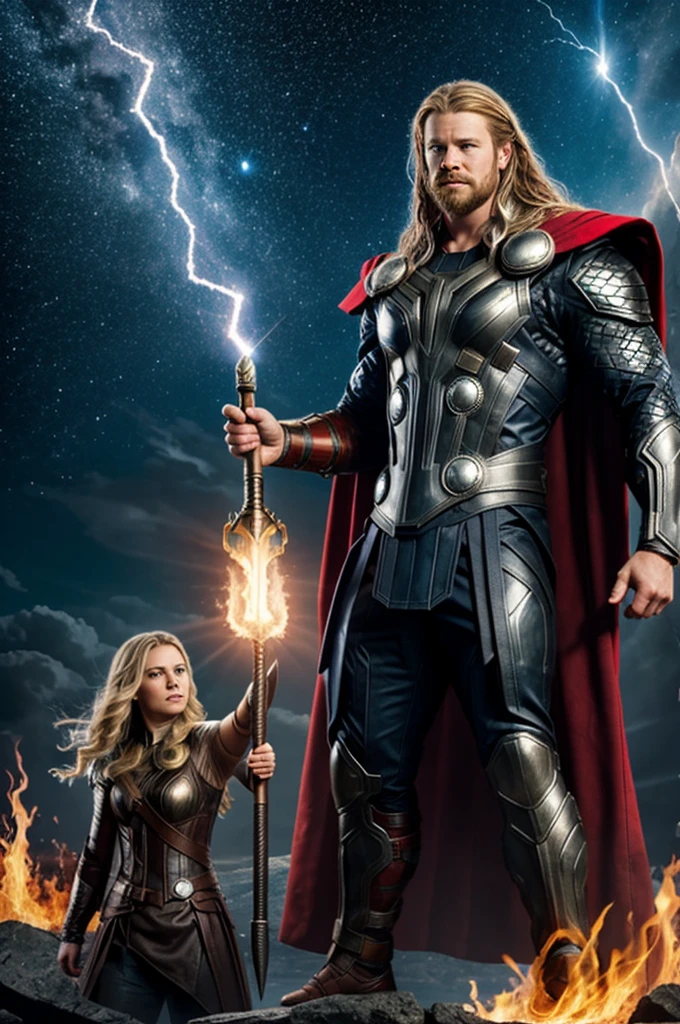 Thor with right hand up, in his hand the hammer sending out rays and fire and above it a meteorite of flames and rays, and a woman next to him
