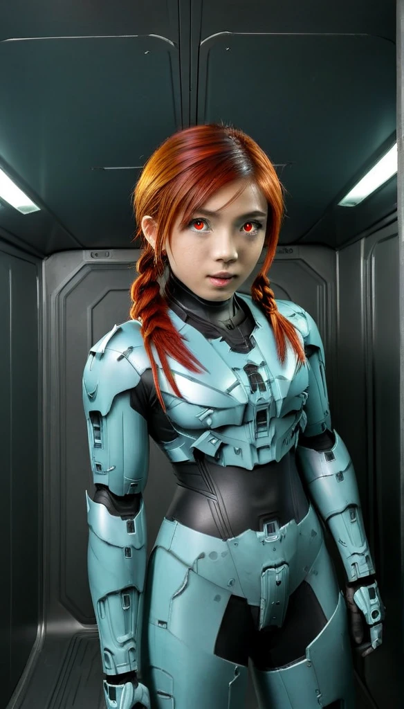 1 Girl、((glowing eyes, red eyes)), Medium Bust、solo、red Hair、Braid、Mobile Race Suit、Shoulder Armor、ceiling、Wide Shot、Looking Ahead、zipup suit 、Closed Mouth、Highest quality、medium quality、22 years old、Mobile Trace System、cockpit、Asian、CyborgCosplay

