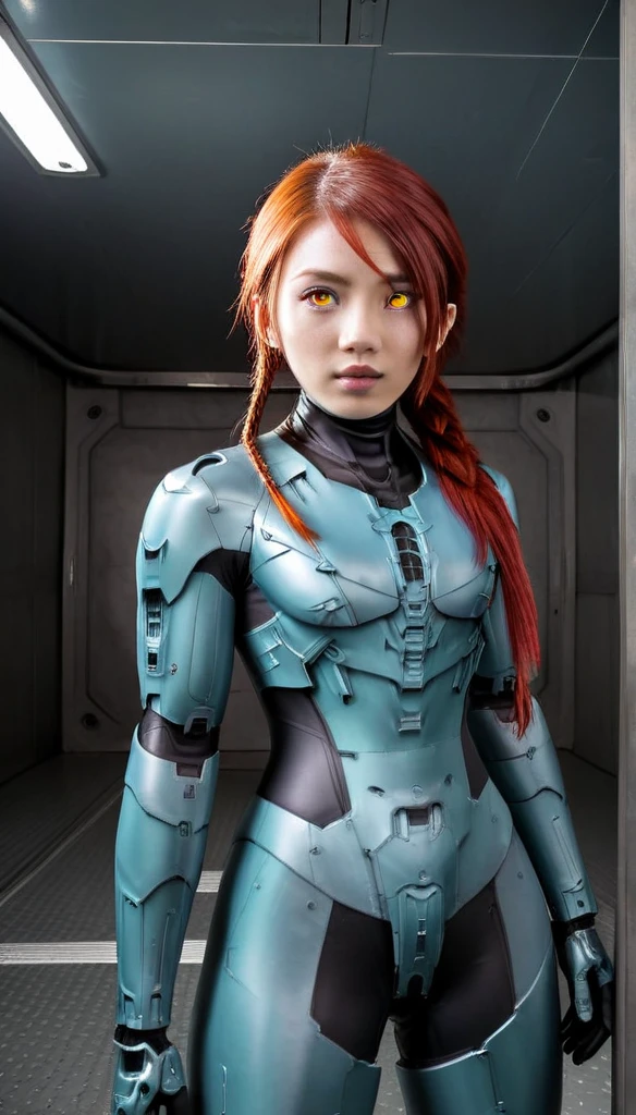 1 Girl、((glowing eyes, red eyes)), Medium Bust、solo、red Hair、Braid、Mobile Race Suit、Shoulder Armor、ceiling、Wide Shot、Looking Ahead、zipup suit 、Closed Mouth、Highest quality、medium quality、22 years old、Mobile Trace System、cockpit、Asian、CyborgCosplay

