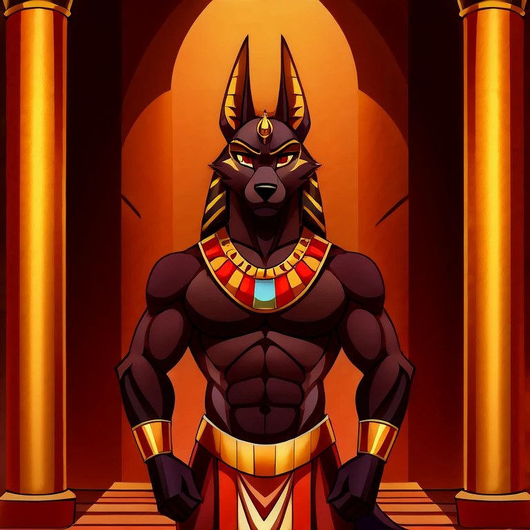 (masterpiece, best quality:1.2), Vortex anubian jackal hellhound, wolf, furry, helluva boss, egyptian Pharaoh clothes, egyptian temple background