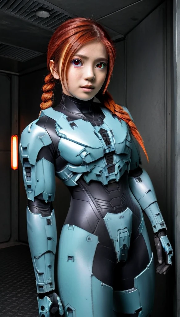 1 Girl、((glowing eyes, red eyes)), Medium Bust、solo、red Hair、Braid、Mobile Race Suit、Shoulder Armor、ceiling、Wide Shot、Looking Ahead、zipup suit 、Closed Mouth、Highest quality、medium quality、22 years old、Mobile Trace System、cockpit、Asian、CyborgCosplay

