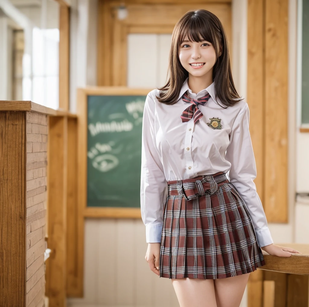 One Girl, (服の上からでもわかるVery large breasts、School white summer shirt、school summer uniform、Beautiful girl, Delicate girl:1.3), (24-years-old:1.3),（Smiling with teeth showing、Cute smiling eyes、Cute loose perm、Braid only the bangs、Fluffy hair、Medium Short Hair、Wrapping a leather belt、Wear a checked miniskirt、Round and ample breasts、Curved waist、Photo from the waist up:1.4）
Very beautiful eyes, (School uniforms:1.3), (Very large breasts:0.5), Brown eyes, Parted bangs, Light brown hair,
, (:1.0),
, (masterpiece, Highest quality, Super detailed, Detailed face, 8k)