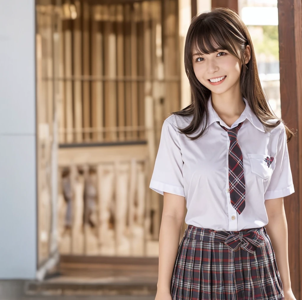 One Girl, (服の上からでもわかるVery large breasts、School white summer shirt、school summer uniform、Beautiful girl, Delicate girl:1.3), (24-years-old:1.3),(Smiling with teeth showing、Cute smiling eyes、Cute loose perm、Braid only the bangs、Fluffy hair、Medium Short Hair、Wrapping a leather belt、Wear a checked miniskirt、Round and ample breasts、Curved waist、Photo from the waist up:1.4)
Very beautiful eyes, (School uniforms:1.3), (Very large breasts:0.5), Brown eyes, Parted bangs, Light brown hair,
, (:1.0),
, (masterpiece, Highest quality, Super detailed, Detailed face, 8k)